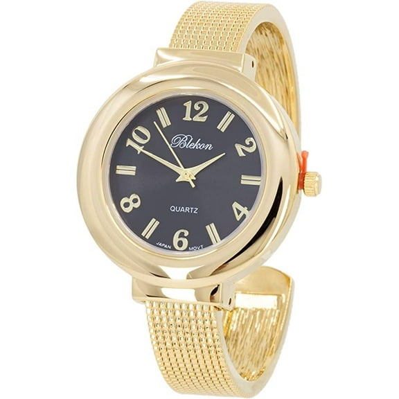 Blekon Adult Females 37mm Case Arabic Numerals Analog Display Mesh Textured Cuff Bangle Wrist Watch