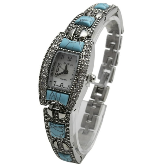 Blekon Brand Japanese Quartz Ladies Square Stones 21mm Case Pearl Dial Metal Link Bracelet Wristwatch (Silver Turquoise)