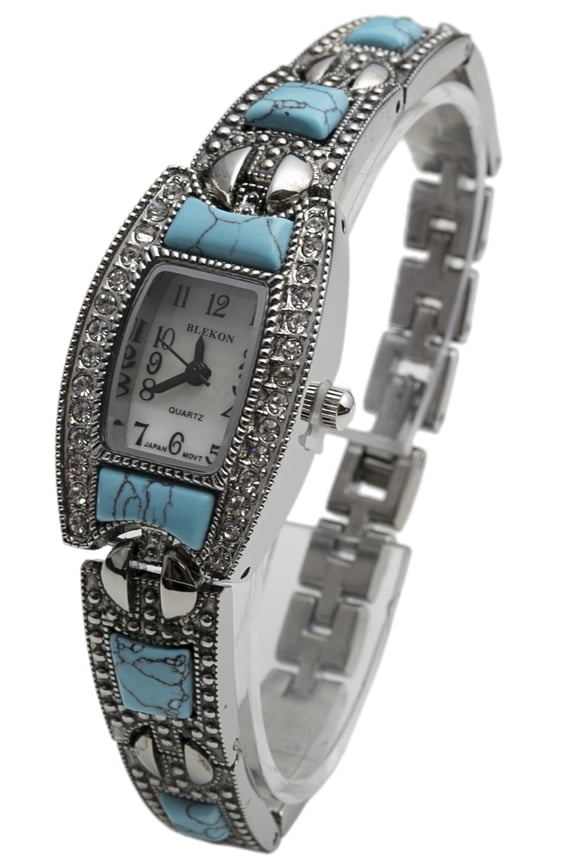 Brand Japanese Quartz Ladies Square Stones 21mm Case Pearl Dial Metal Link Bracelet Wristwatch (Silver Turquoise)