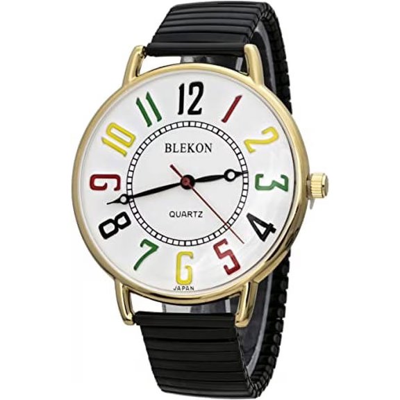 Blekon Original Women's 43mm Easy Reader Watch, Japanese Quartz Analog Wrist Watch, Large White Dial with Colorful Numerals, Stainless Steel Stretch Band
