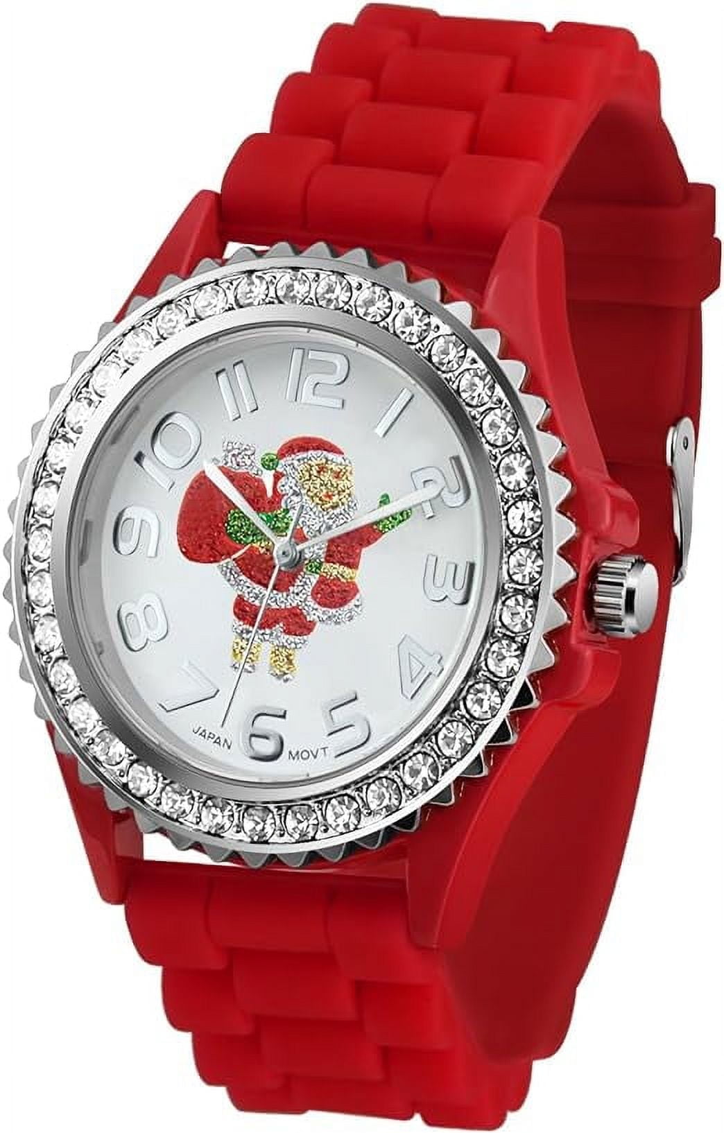 Blekon Christmas Tree Women Watch Crystals Studded Alloy Case Silicone Strap White Dial Santa Claus Analog Watches