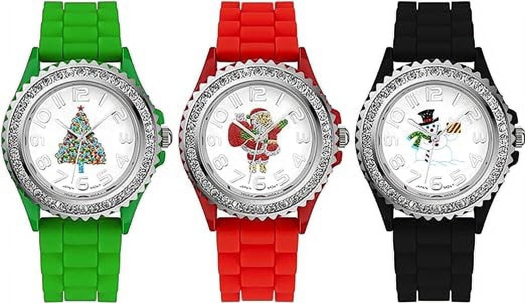 Blekon Christmas Tree Women Watch Crystals Studded Alloy Case Silicone Strap White Dial Santa Claus Analog Watches