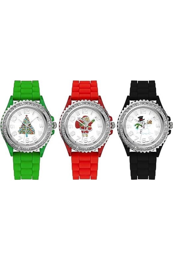 Christmas Tree Women Watch Crystals Studded Alloy Case Silicone Strap White Dial Santa Claus Analog Watches