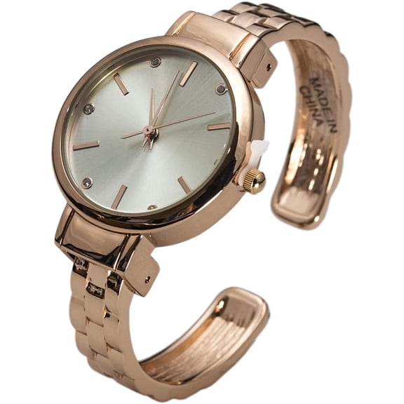 Blekon Collections Japanese Quartz Women’s 32mm Case Watch With Rhinestone Markings And Patterned Cuff Bangle