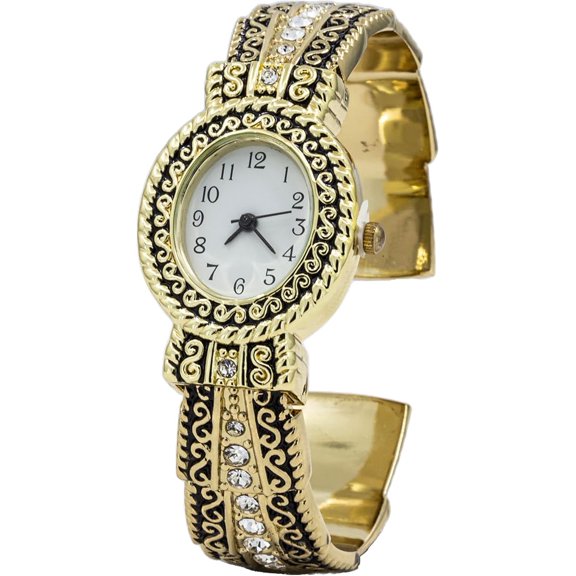 Blekon Collections Analog Quartz 26mm Case Antique Designed Bezel Rhinestone Bangle Cuff Watch (Gold)