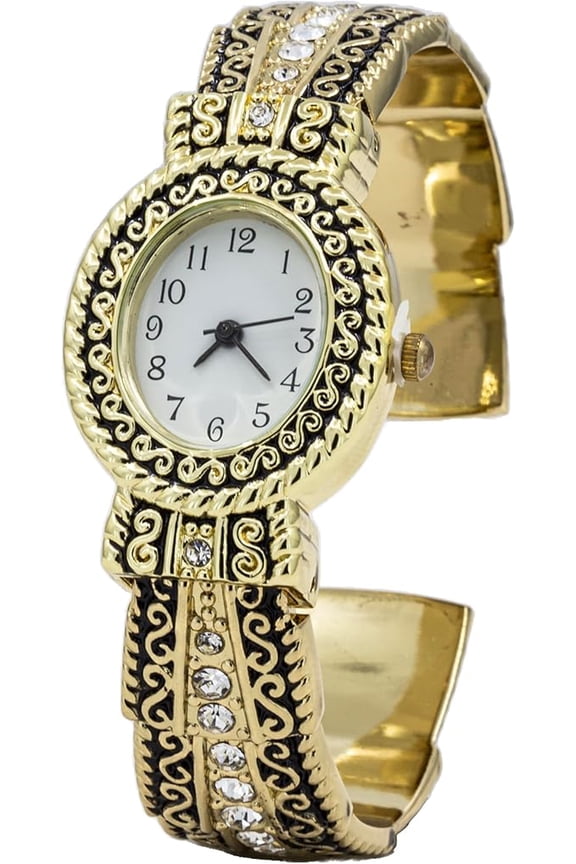 Collections Analog Quartz 26mm Case Antique Designed Bezel Rhinestone Bangle Cuff Watch (Gold)