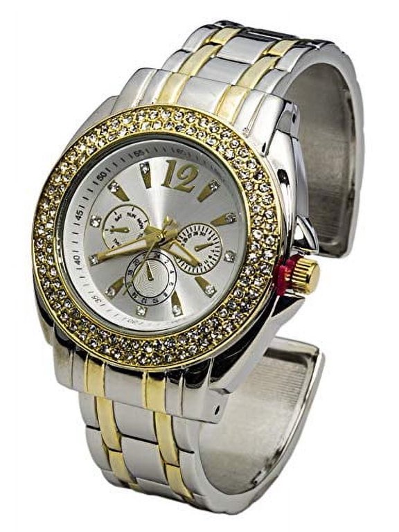 Collections Analog Quartz Women's 34mm Case Double Rhinestone Bezel Cuff Metal Bangle Watch