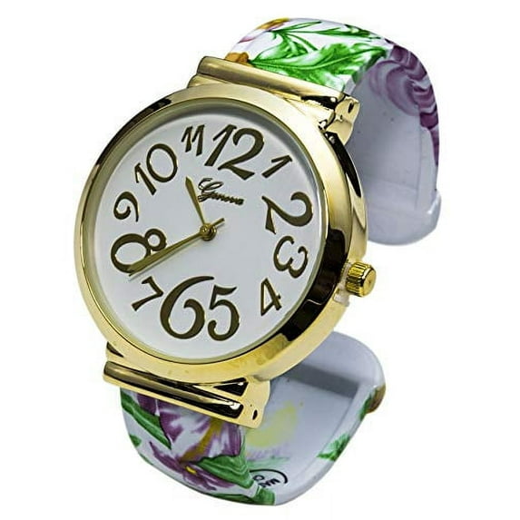Blekon Collections Analog Quartz Women's Casual 40mm Case Big Face Floral Design Cuff Bangle Watch
