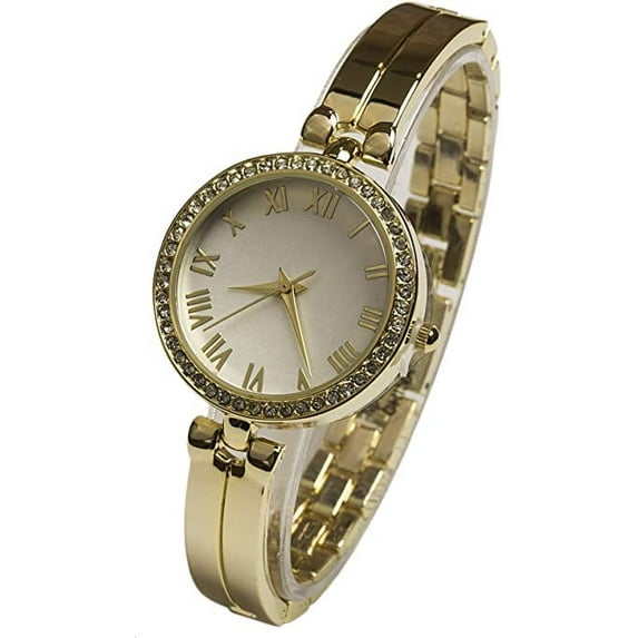 Blekon Collections Japanese Quartz 33mm Case Roman Numerals Rhinestone Bezel Link Bracelet Watch