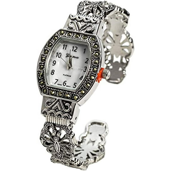 Blekon Collections Japanese Quartz Antique Designed Silver 24mm Marcasite Bangle Watch