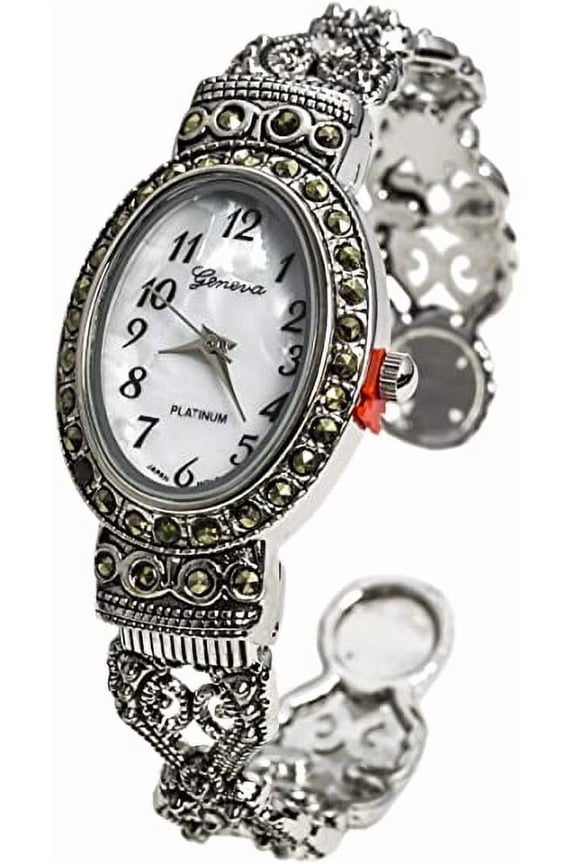 Collections Japanese Quartz Antique Designed Silver 24mm Marcasite Bangle Watch