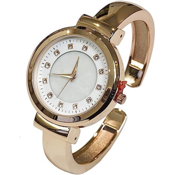 Blekon Collections Japanese Quartz Elegant Mother of Pearl Rhinestone Dial Womens Cuff Bangle Watch