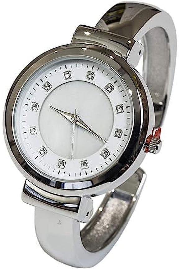 Collections Japanese Quartz Elegant Mother of Pearl Rhinestone Dial Womens Cuff Bangle Watch