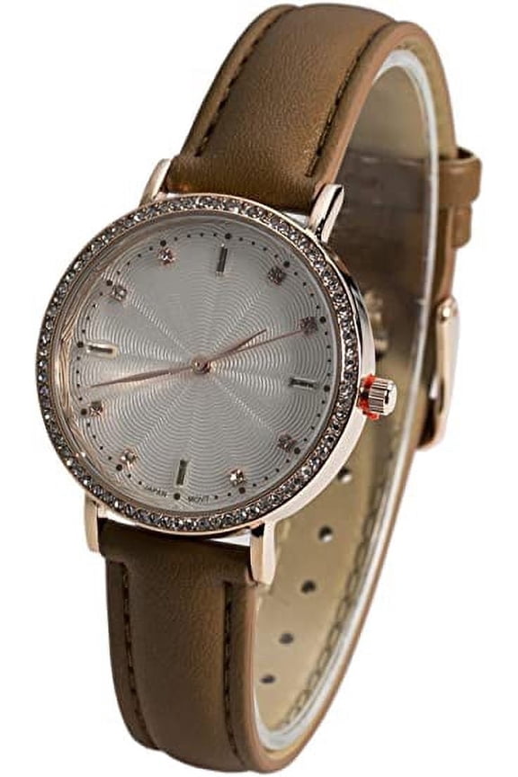 Collections Japanese Quartz Elegant Women's 34mm Case Patterned Dial Rhinestone Bezel Casual Leather Strap Watch