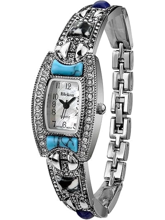 Collections Women’s Japanese Quartz Square Ornamental Stone-Accent Watch, 21x32mmCase, Pearlescent Dial, Metal Link Bracelet