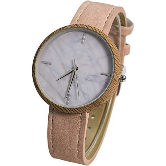 Blekon Collections Japanese Quartz Marble Textured 40mm Case Cork Wooden Look Case Leather Strap Watch