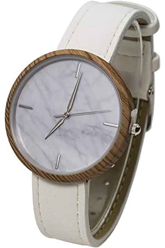Collections Japanese Quartz Marble Textured 40mm Case Cork Wooden Look Case Leather Strap Watch