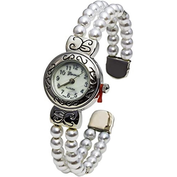 Blekon Collections Japanese Quartz Women's 21mm Case Elegant Pearl Beads Cuff Bangle Watch