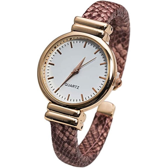 Blekon Collections Japanese Quartz Women's 31mm Round Case Snake Leather Cuff Bangle Watch