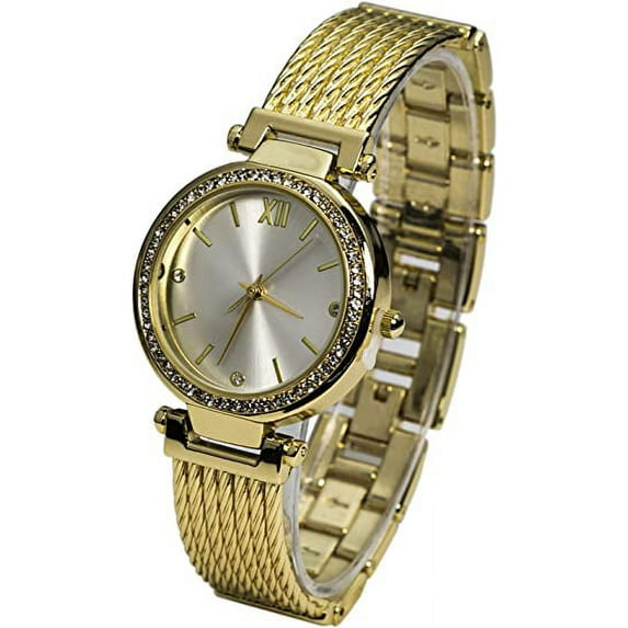 Blekon Collections Japanese Quartz Women's 32mm Case Rhinestone Bezel Wired Cable Strap Link Bracelet Watch
