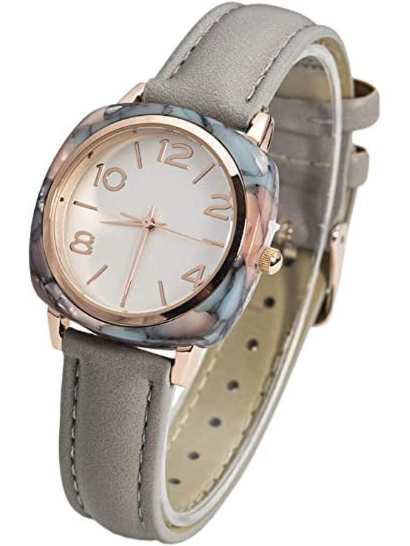 Collections Japanese Quartz Women's 32mm Marble Textured Case Plain Leather Strap Watch