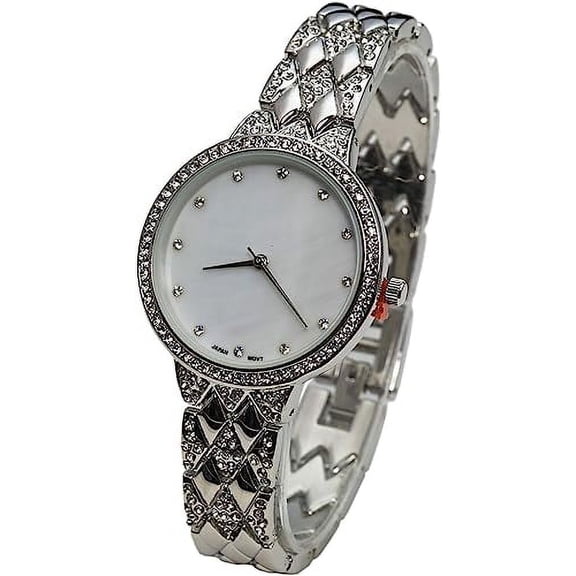Blekon Collections Japanese Quartz Women's 34mm Case Rhinestone Bezel Link Bracelet Watch