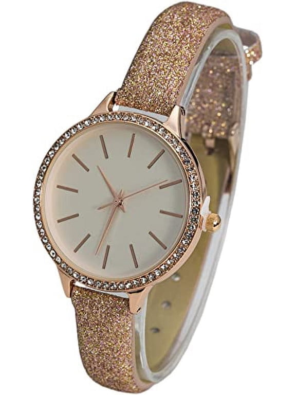 Collections Japanese Quartz Women's 34mm Case Rhinestone Bezel Sparkly Glitter Textured Leather Strap Watch