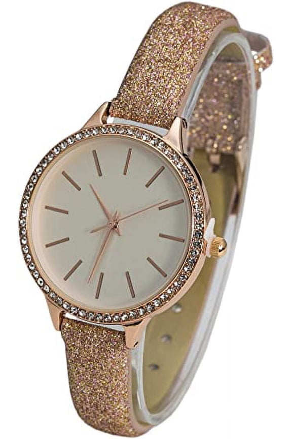 Collections Japanese Quartz Women's 34mm Case Rhinestone Bezel Sparkly Glitter Textured Leather Strap Watch