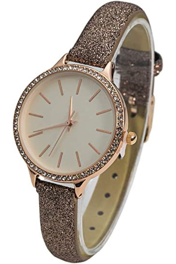 Collections Japanese Quartz Women's 34mm Case Rhinestone Bezel Sparkly Glitter Textured Leather Strap Watch
