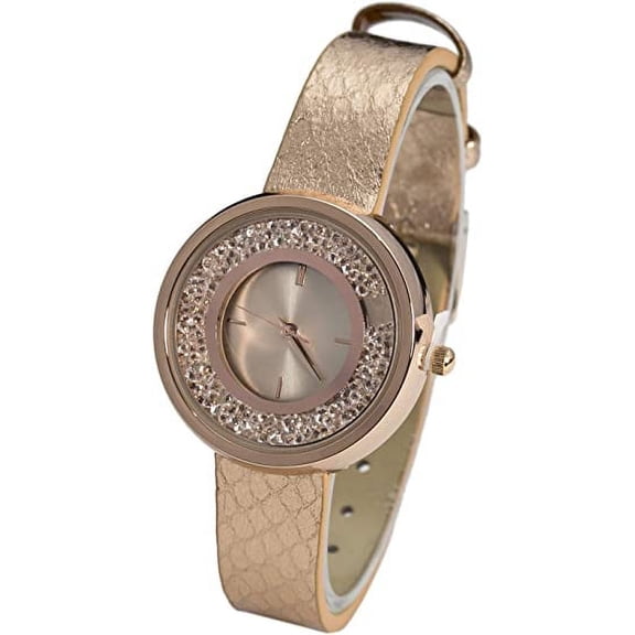 Blekon Collections Japanese Quartz Women's 34mm Case Small Crystal Grains Bezel Leather Strap Watch