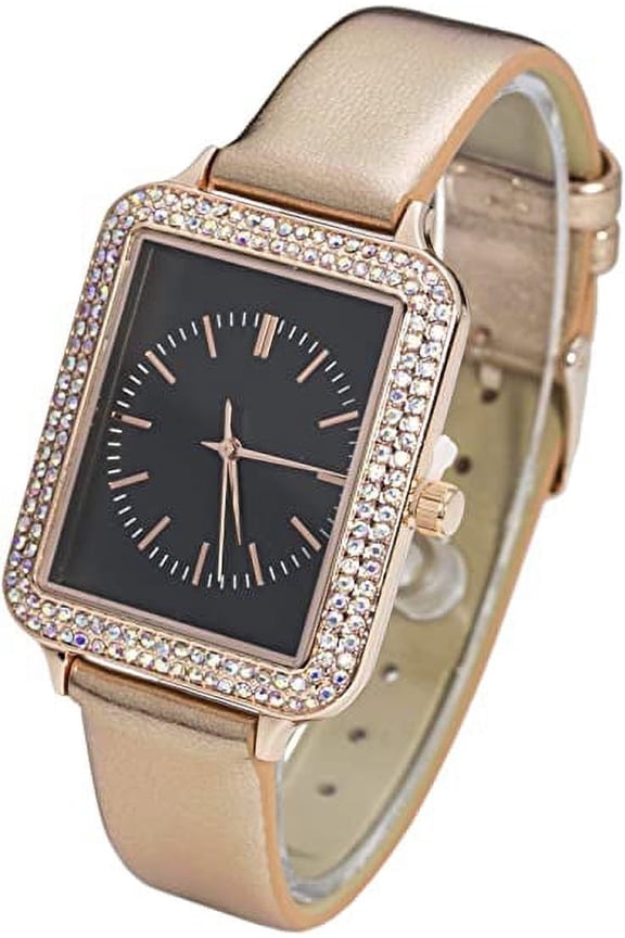 Collections Japanese Quartz Women's 34mm Rectangular Case Rhinestone Bezel Glossy Textured Leather Strap Watch
