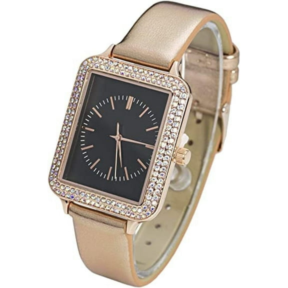 Blekon Collections Japanese Quartz Women's 34mm Rectangular Case Rhinestone Bezel Glossy Textured Leather Strap Watch