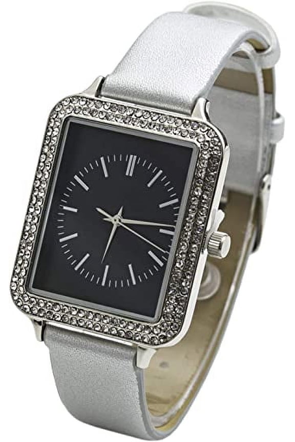 Collections Japanese Quartz Women's 34mm Rectangular Case Rhinestone Bezel Glossy Textured Leather Strap Watch