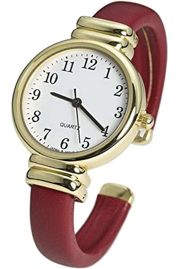 Collections Japanese Quartz Women's Gold 31mm Case Smooth Leather Bangle Cuff Watch