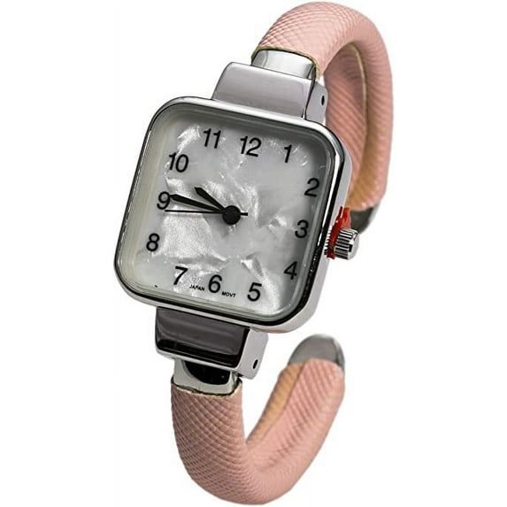 Blekon Collections Japanese Quartz Women's Square 24.5mm Case Leather/Metal Cuff Bangle Watch