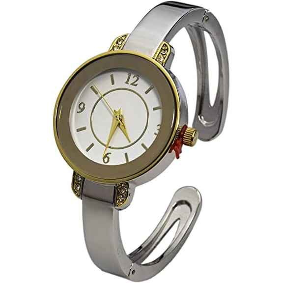 Blekon Collections Japanese Quartz Womens 30mm Case Reflective Bezel Metal Cuff Bangle Watch