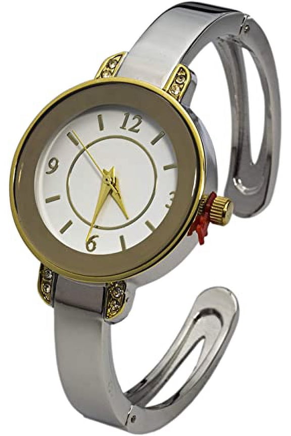 Collections Japanese Quartz Womens 30mm Case Reflective Bezel Metal Cuff Bangle Watch