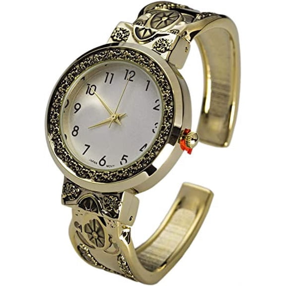 Blekon Collections Japanese Quartz Womens 32mm Case Elegant Bezel Designed Cuff Bangle Watch