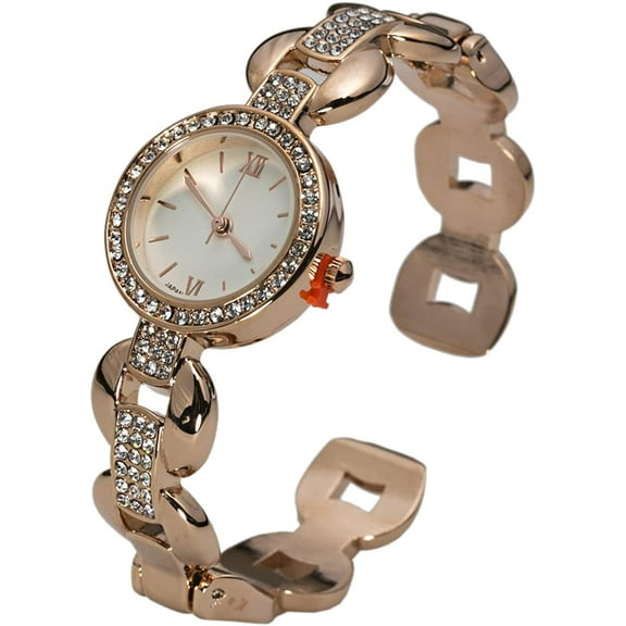 Blekon Collections Japanese Quartz Womens Elegant 25mm Case Rhinestone Bezel Metal Cuff Watch