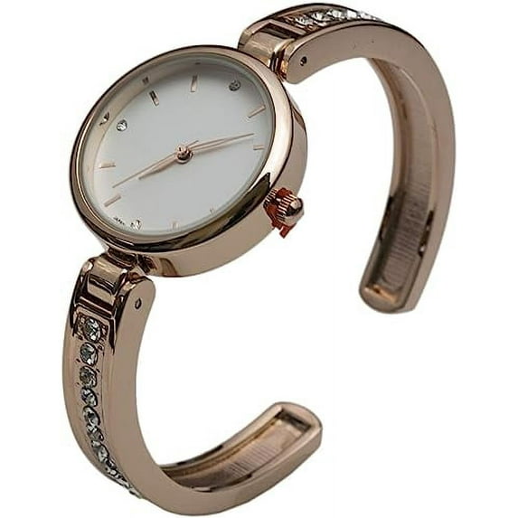 Blekon Collections Japanese Quartz Womens Elegant 28mm Case Rhinestone Cuff Bangle Watch