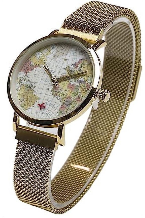 Collections Japanese Quartz Womens Map Designed Dial 35mm Case Magnetic Mesh Band Watch