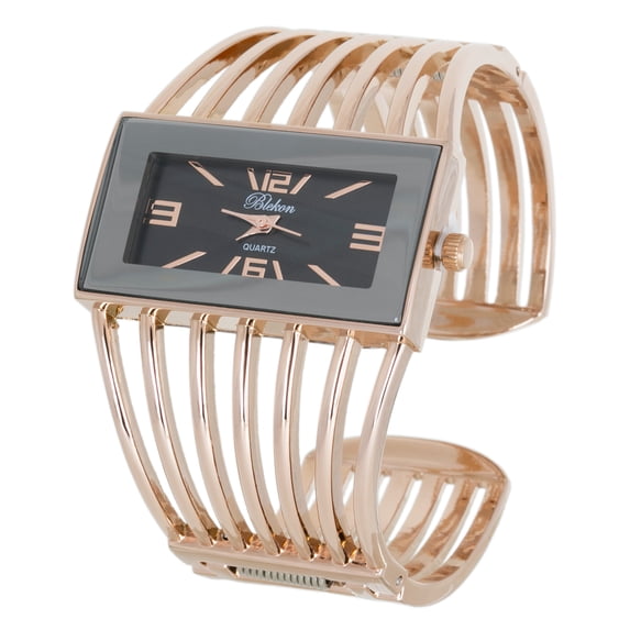 Blekon Collections Ladies Fashion Watch - Rectangular Analog Quartz Sturdy Stylish Wrist Watch Semi Cuff Bangle Watch