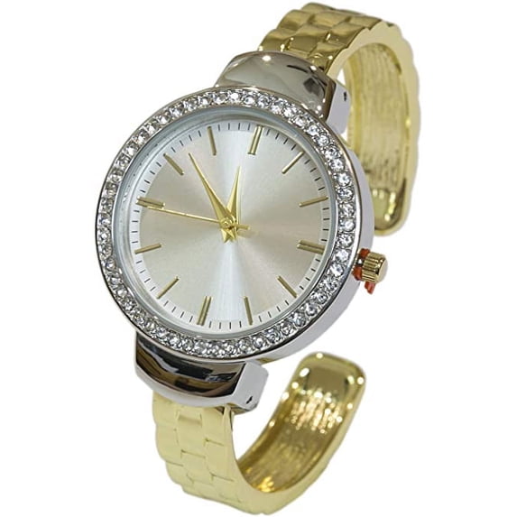 Blekon Collections Quartz Elegant Womens Rhinestone Bezel Stainless Steel Back Cuff Bangle Watch
