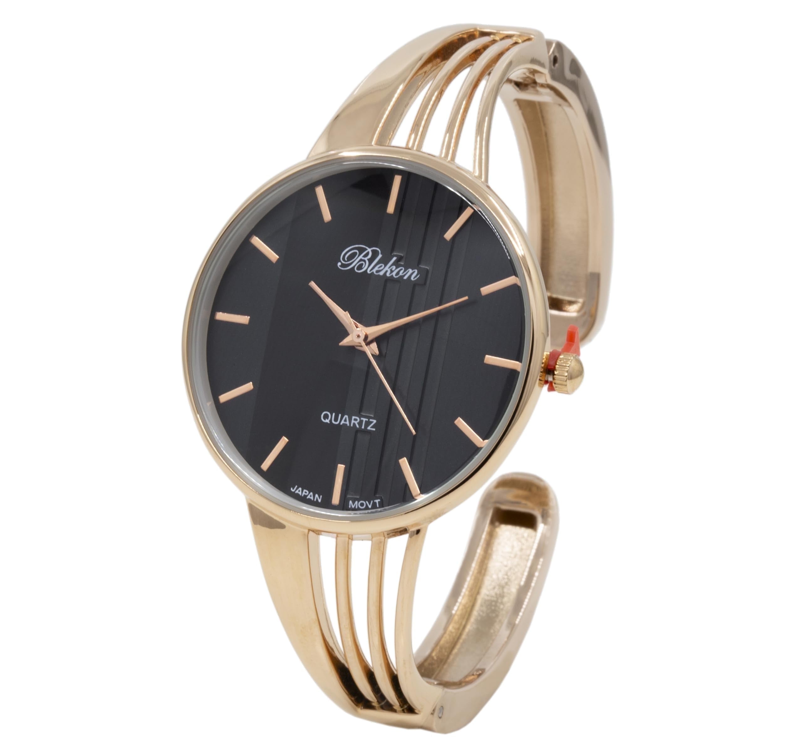 Blekon Collections Quartz Women's 34mm Case Elegant Cuff Bangle Watch (Black/Rose Gold)
