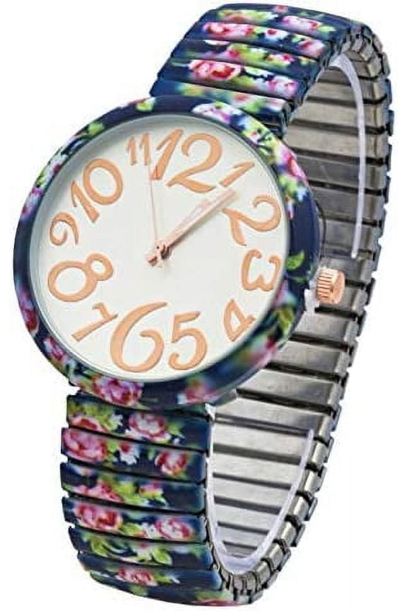 Collections Quartz Women's 39mm Case Floral Design Stretch Band Watch