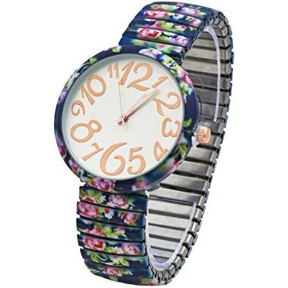 Blekon Collections Quartz Women's 39mm Case Floral Design Stretch Band Watch