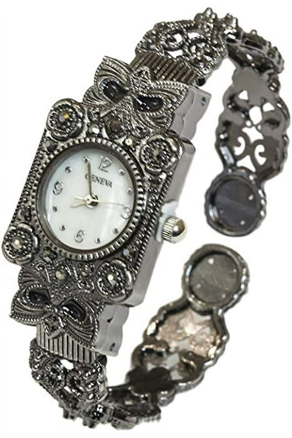 Collections Quartz Womens Antique Rectangular Case Marcasite Bangle Cuff Watch