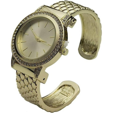 Blekon Collections Quartz Womens Rhinestone Bezel 34mm Case Metal Bangle Cuff Watch