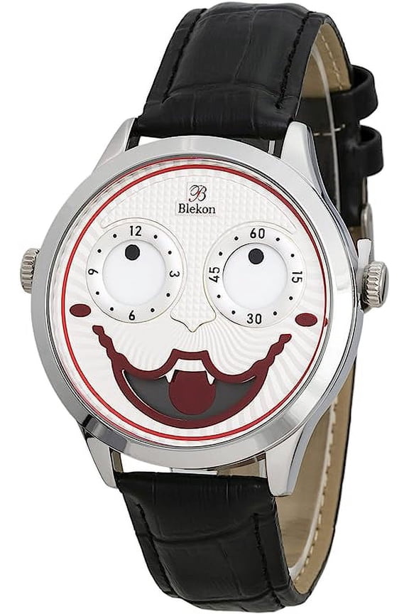 Collections Unisex 42mm Case Intricate Joker Face Genuine Leather Strap Watch