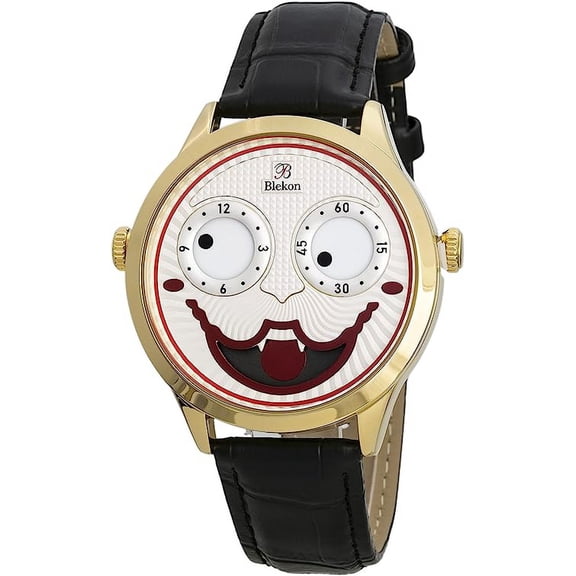 Blekon Collections Unisex 42mm Case Intricate Joker Face Genuine Leather Strap Watch